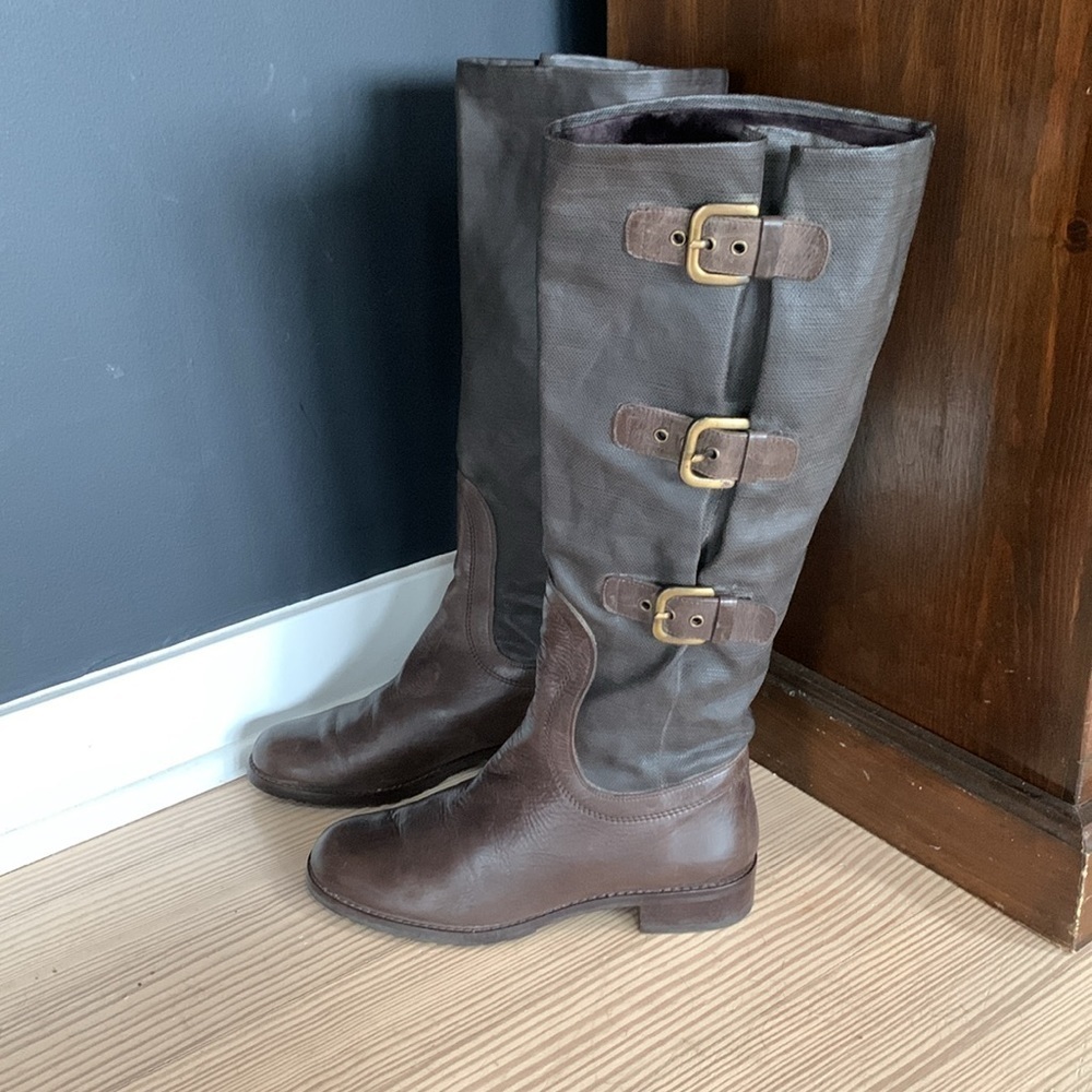 Stuart Weitzman Ludlow Riding Boots Women’s Brown Leather Waxy Canvas Size 7